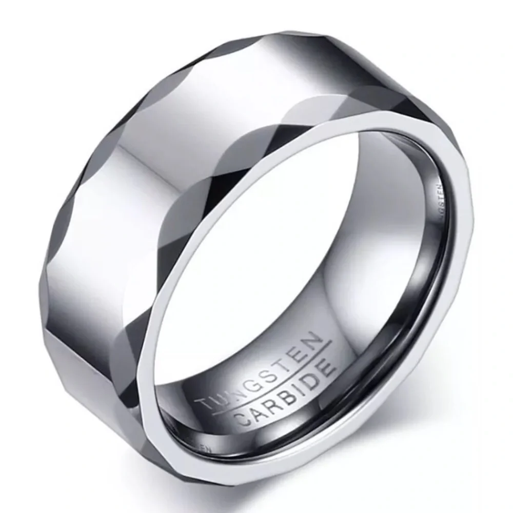Silver Tungsten Carbide 8mm Faceted Beveled Hammered Edge Band Ring High Shine